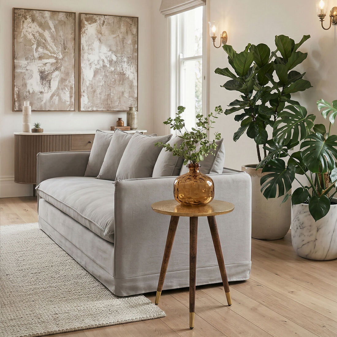 Gold Embossed Metal Top Side Table with Natural Tripod Wood Base, Boho