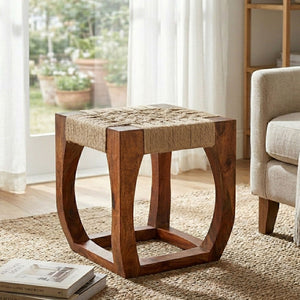 Boho Natural Acacia Wood and Jute Square Stool