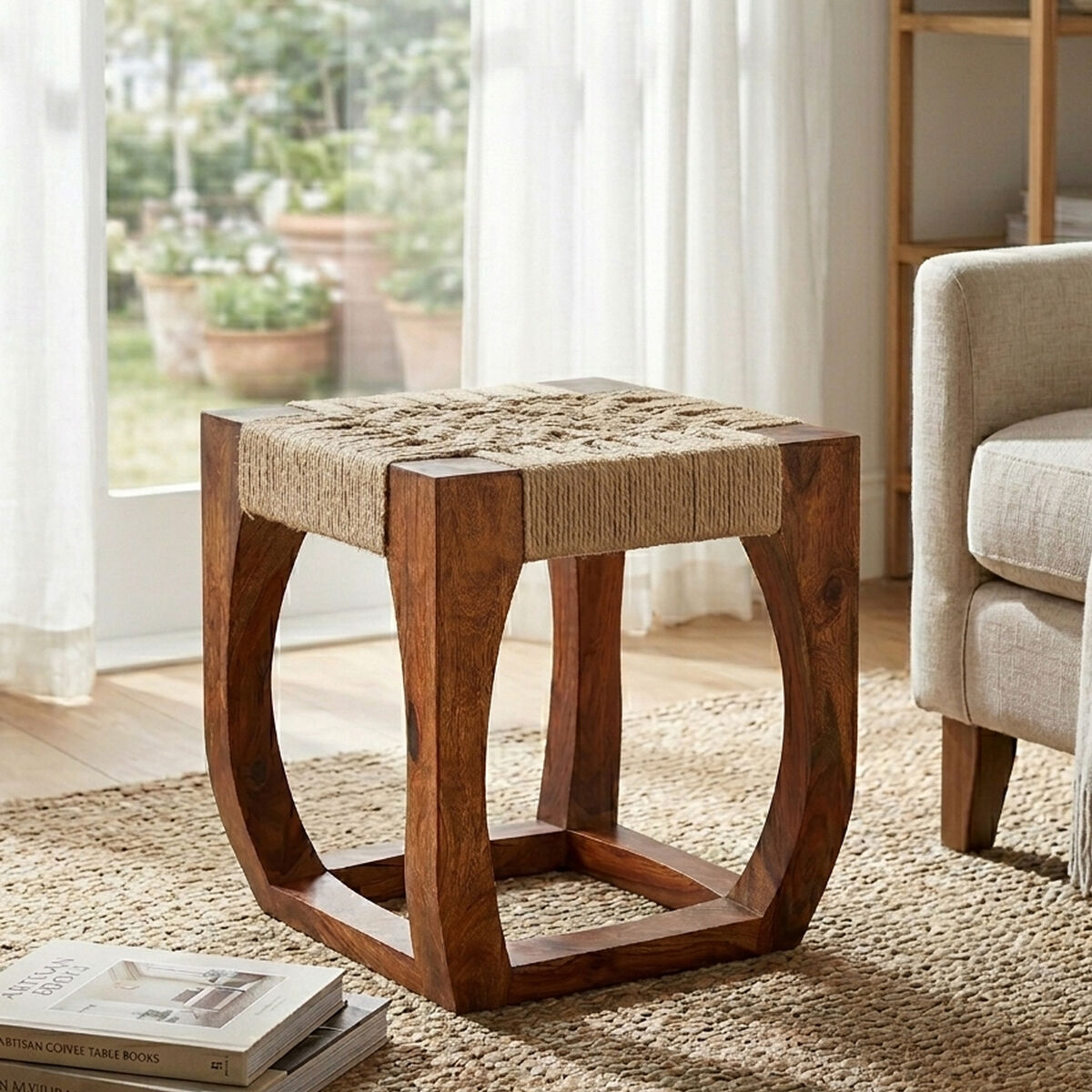 Sheesham Wood and Jute Stool | Boho