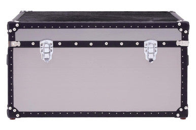 Gray storage trunk with black top and silver rivets