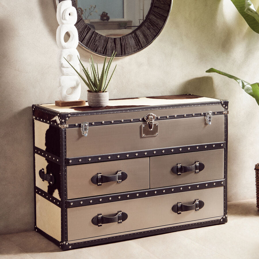 Kensington Townhouse Black And White Genuine Cowhide 3 Drawer Cabinet