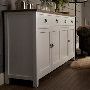 Hampstead White and Oak Wood 4 Door Sideboard with Drawers