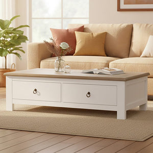 White Wooden Coffee Table with Natural Oak Top and 2 Storage Drawers, Hampstead