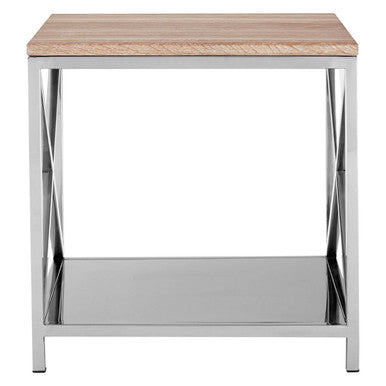 Side table with wooden top and metal frame on a white background