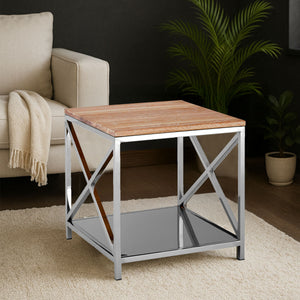 Chiswick Natural Oak Wood Side Table with Silver Finish Frame