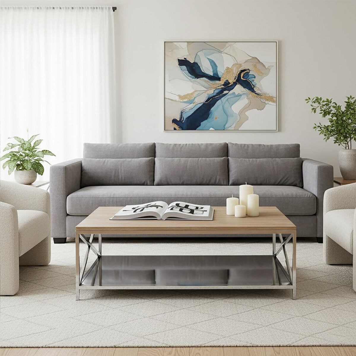 Modern living room with gray sofa, wooden coffee table, and abstract art on the wall.