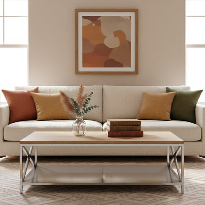 Living room with a beige sofa, coffee table, and abstract art on the wall.