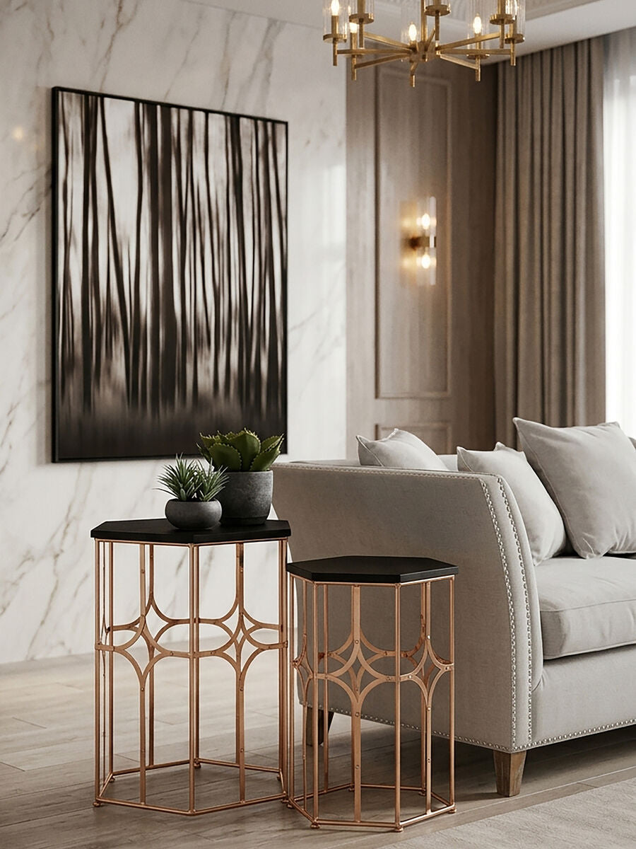 Set of 2 Black Hexagon Top Nesting Side Tables with Rose Gold Metal Frames, Lexa