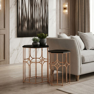 Lexa Rose Gold and Matt Black Set of 2 Hexagonal Side Tables