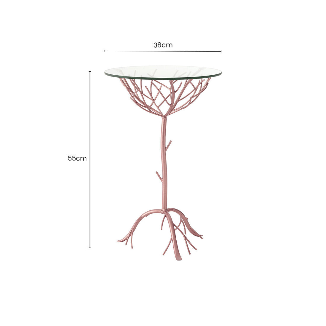 Rose Gold Galass Top Round Table with Branch Detailing, Lexa