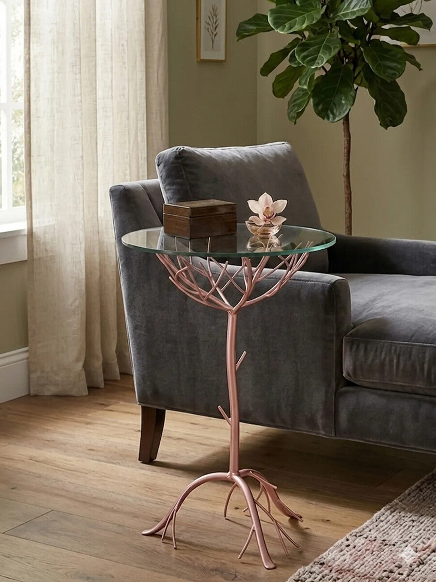 Rose Gold Galass Top Round Table with Branch Detailing, Lexa