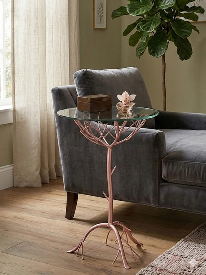 Rose Gold Galass Top Round Table with Branch Detailing | Lexa