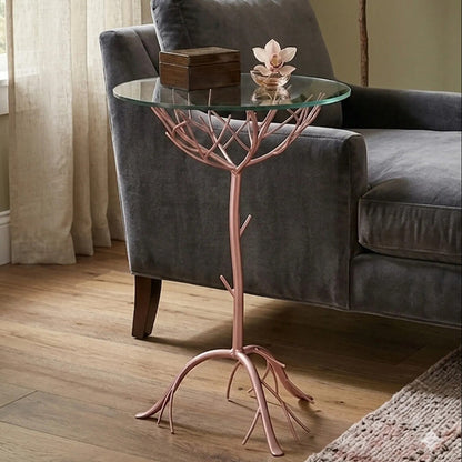 Rose Gold Galass Top Round Table with Branch Detailing | Lexa