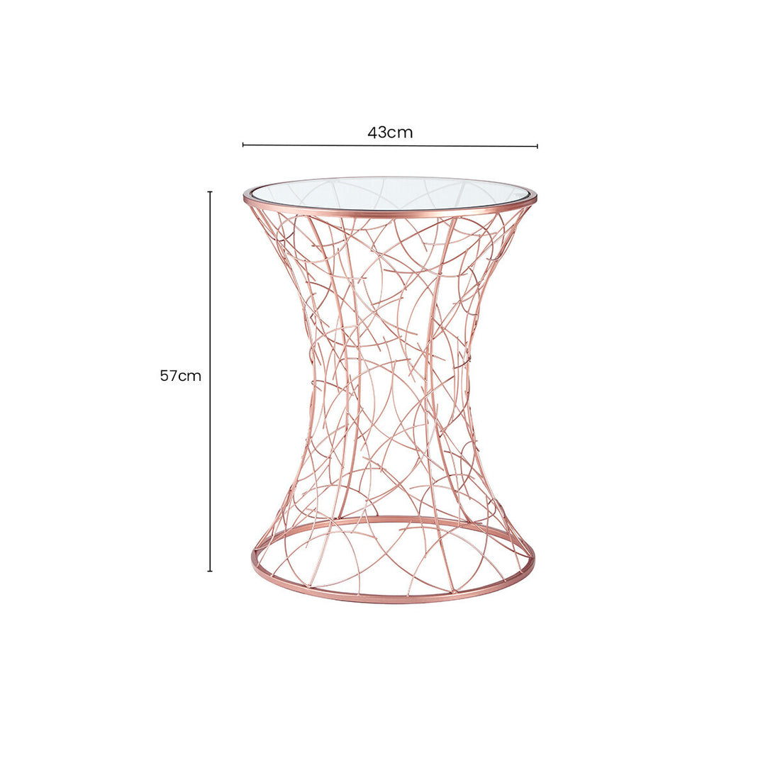 Concave Glass Top Round Table with Rose Gold Hourglass Frame, Lexa