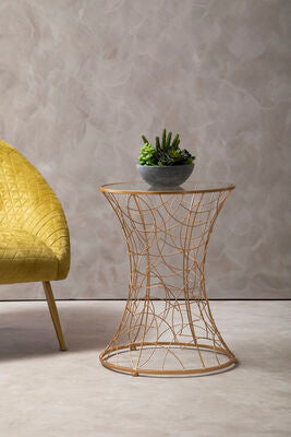 Concave Glass Top Side Table with Rose Gold Finish Iron Frame, Lexa