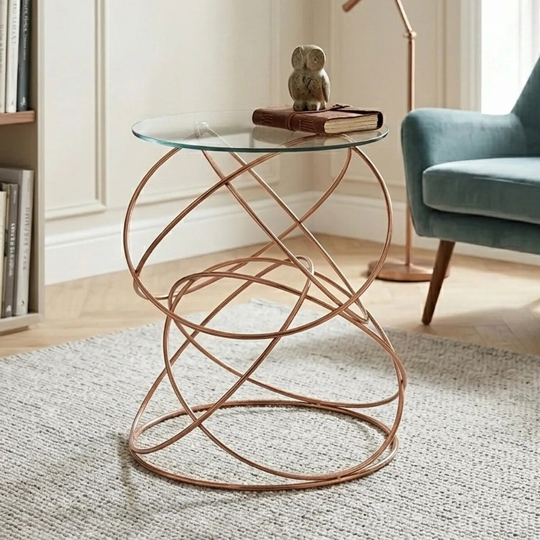 Rose Gold Round Table with Tempered Glass Surface and Geometric Detailing, Lexa