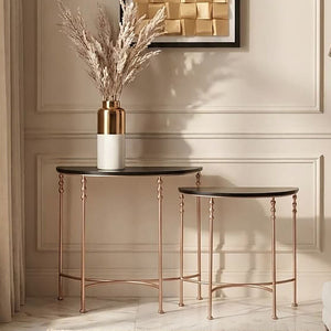 Lexa Black and Rose Gold Finish Set of 2 Half Moon Console Tables