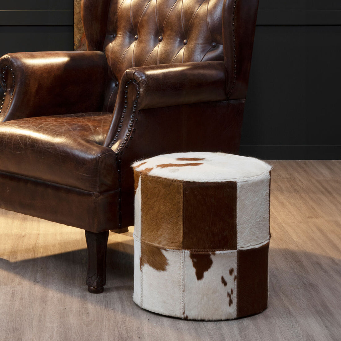 Kensington Townhouse Brown And White Cowhide Hair on Leather Stool