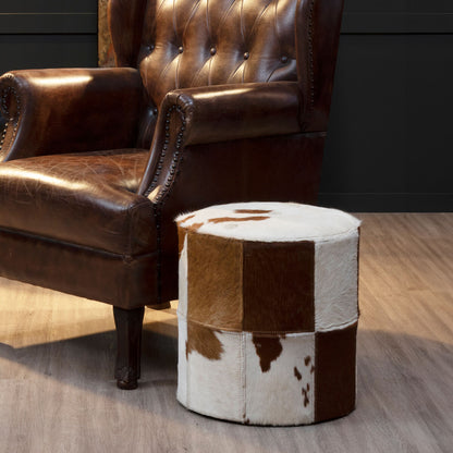 Kensington Townhouse Brown And White Cowhide Hair on Leather Stool