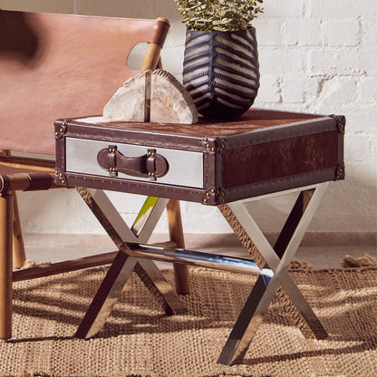 Brown and White Cowhide 1-Drawer Bedside Table with Leather Handle | Kensington Townhouse