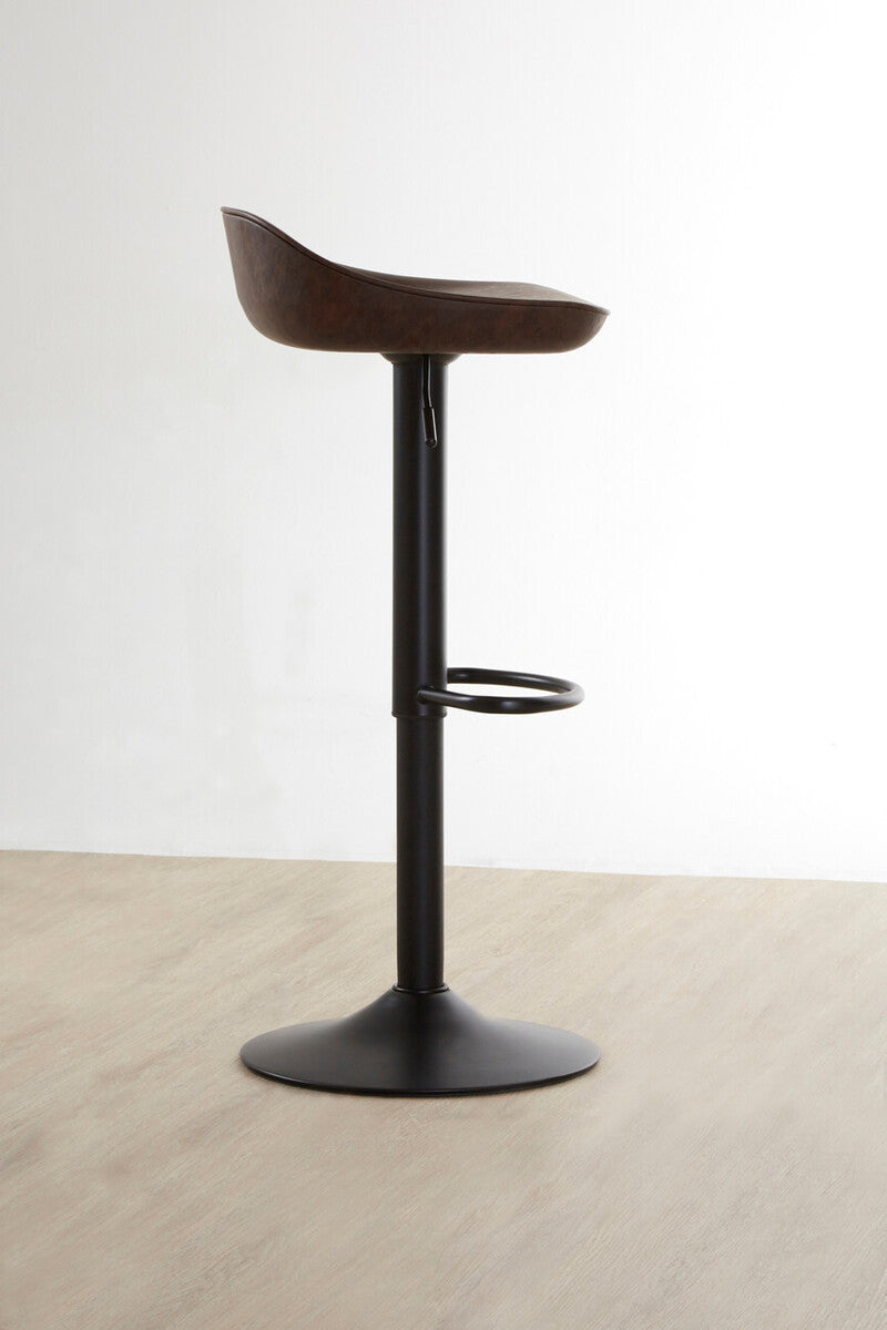 Bar stool with wooden seat and black metal frame on a light wood floor.