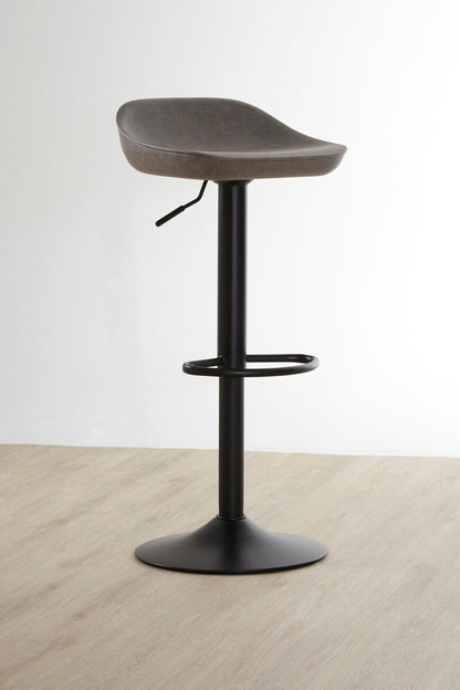 Bar stool with a wooden seat and black metal base on a light wood floor.