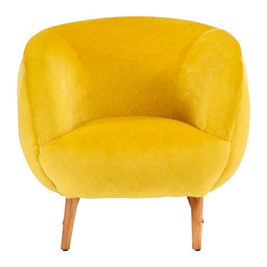 Yellow armchair with wooden legs on a white background