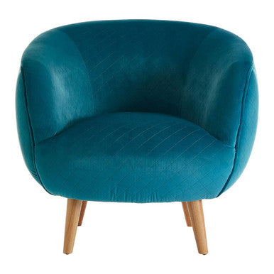 Teal armchair with wooden legs on a white background