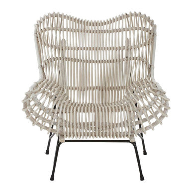 Woven chair with black metal legs on a white background