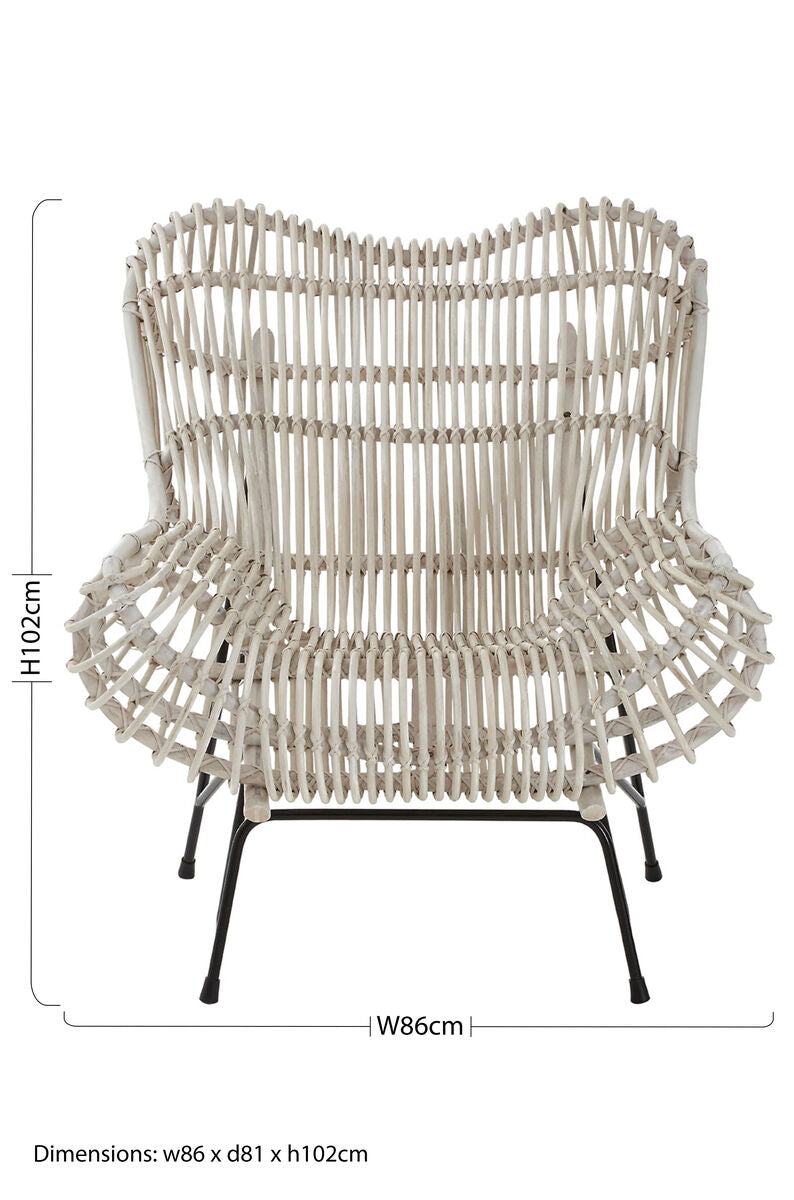 Woven chair with dimensions on a white background