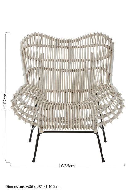 Woven chair with dimensions on a white background