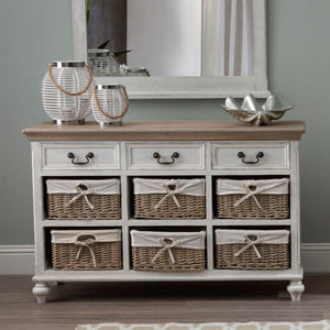 Hendra Ivory Finish Cabinet with Drawers and Willow Baskets