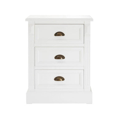 White Wooden 3-Drawer Bedside Table with Bevelled Detail and Copper Tone Cup Handles, Hardwick