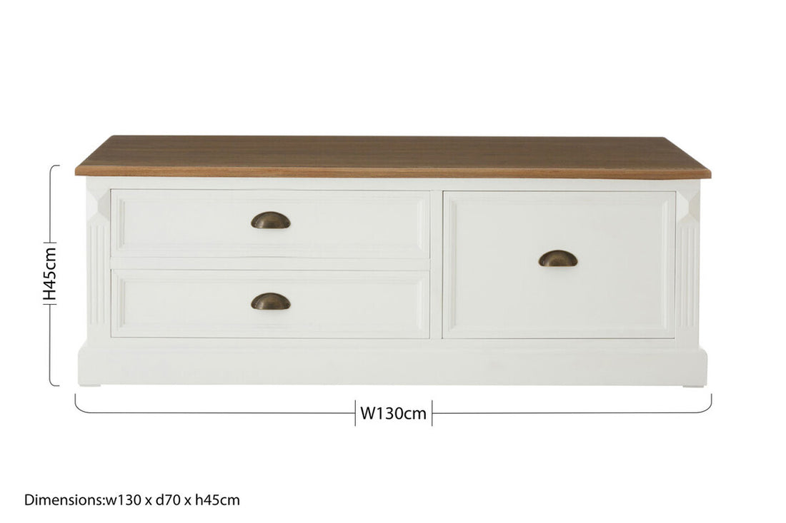 Fir Wood Veneer Top and White Wooden Coffee Table with 3 Drawers, Hardwick