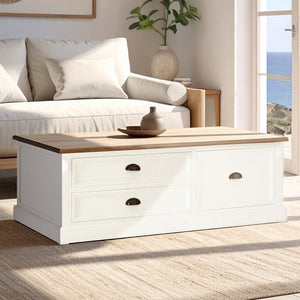 Fir Wood Veneer Top and White Wooden Coffee Table with 3 Drawers, Hardwick