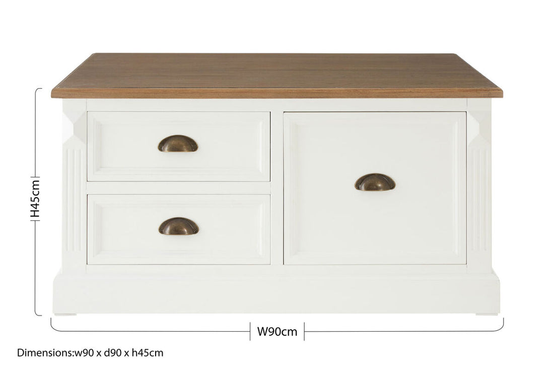 Fir Wood Veneer Top and White Wooden Square Coffee Table with 3 Drawers, Hardwick