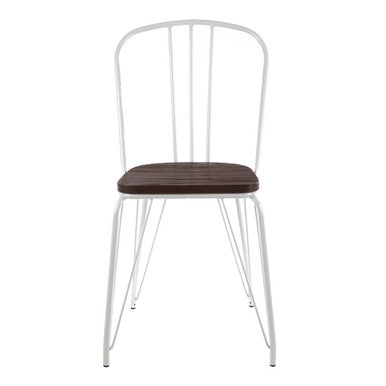Chair with white metal frame and wooden seat on a white background
