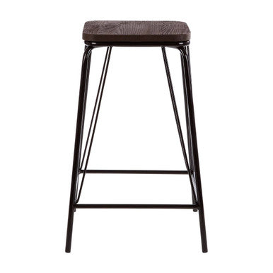 Bar stool with wooden seat and metal frame on a white background