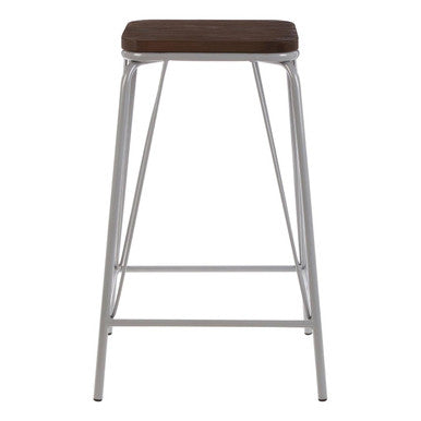 Bar stool with wooden seat and metal frame on a white background