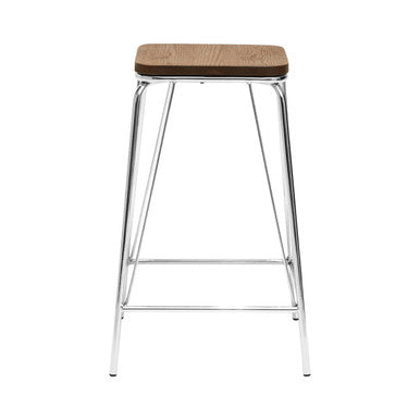 Bar stool with wooden seat and metal frame on a white background
