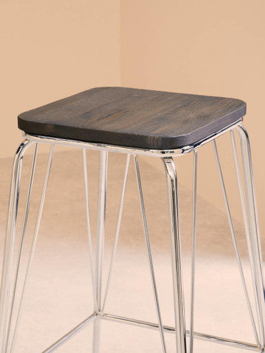 District Chrome Metal And Elm Wood Square Bar Stool