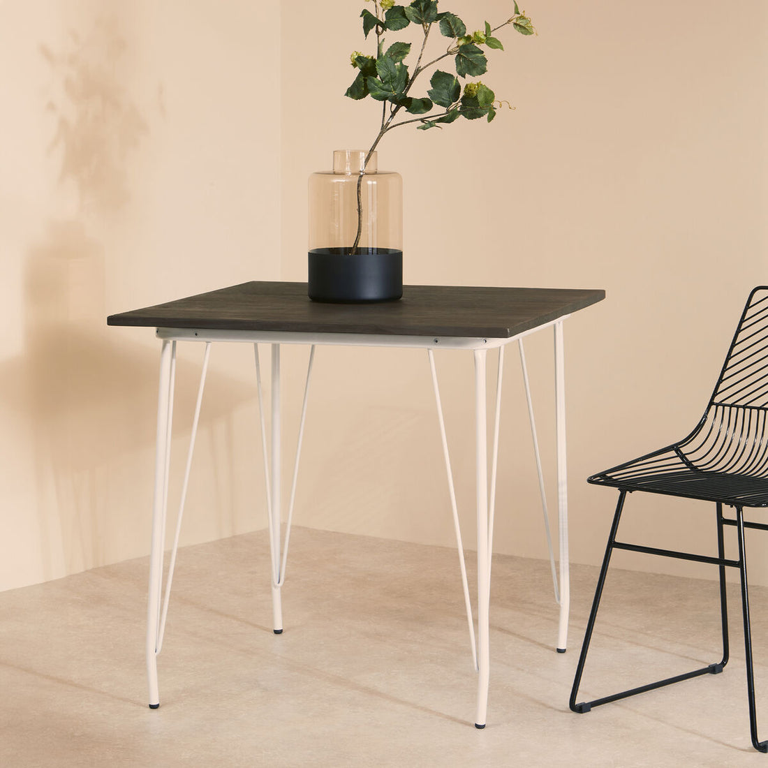 White Metal Legs and Brown Elm Wood Top Square Dining Table, District