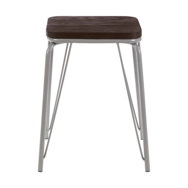 Stool with wooden seat and metal legs on a white background