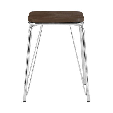 Bar stool with wooden seat and metal legs on a white background