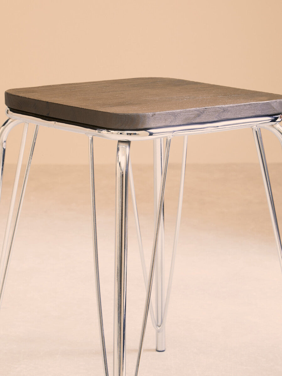 District Chrome Metal And Elm Small Wood Stool