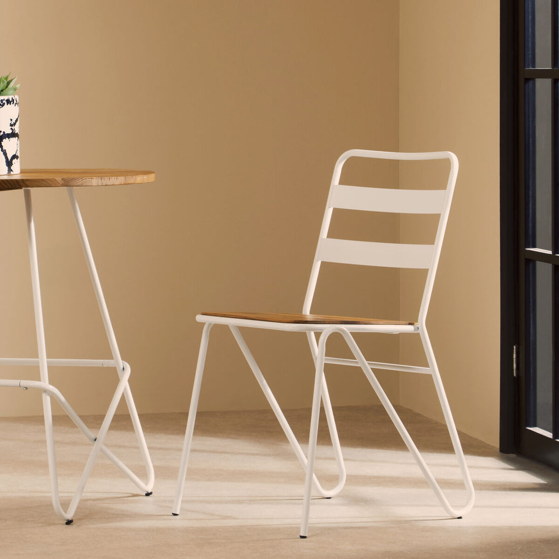 District White Metal And Elm Wood Chair