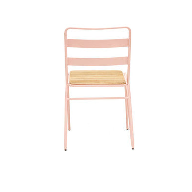 Pink metal chair with a wooden seat on a white background