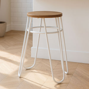 District Wooden Stool with Grey Finish Hairpin Legs
