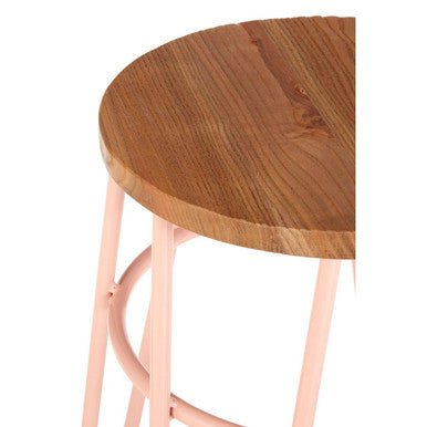District Pink Metal And Elm Wood Hairpin Stool