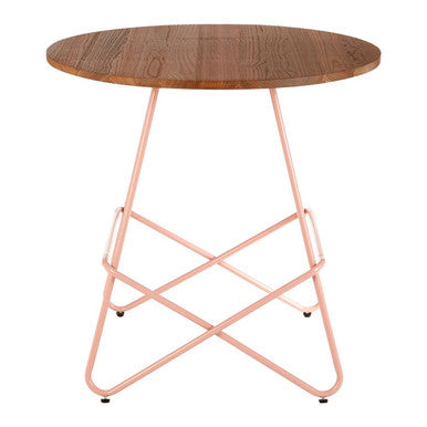 Round wooden table with a pink metal frame on a white background